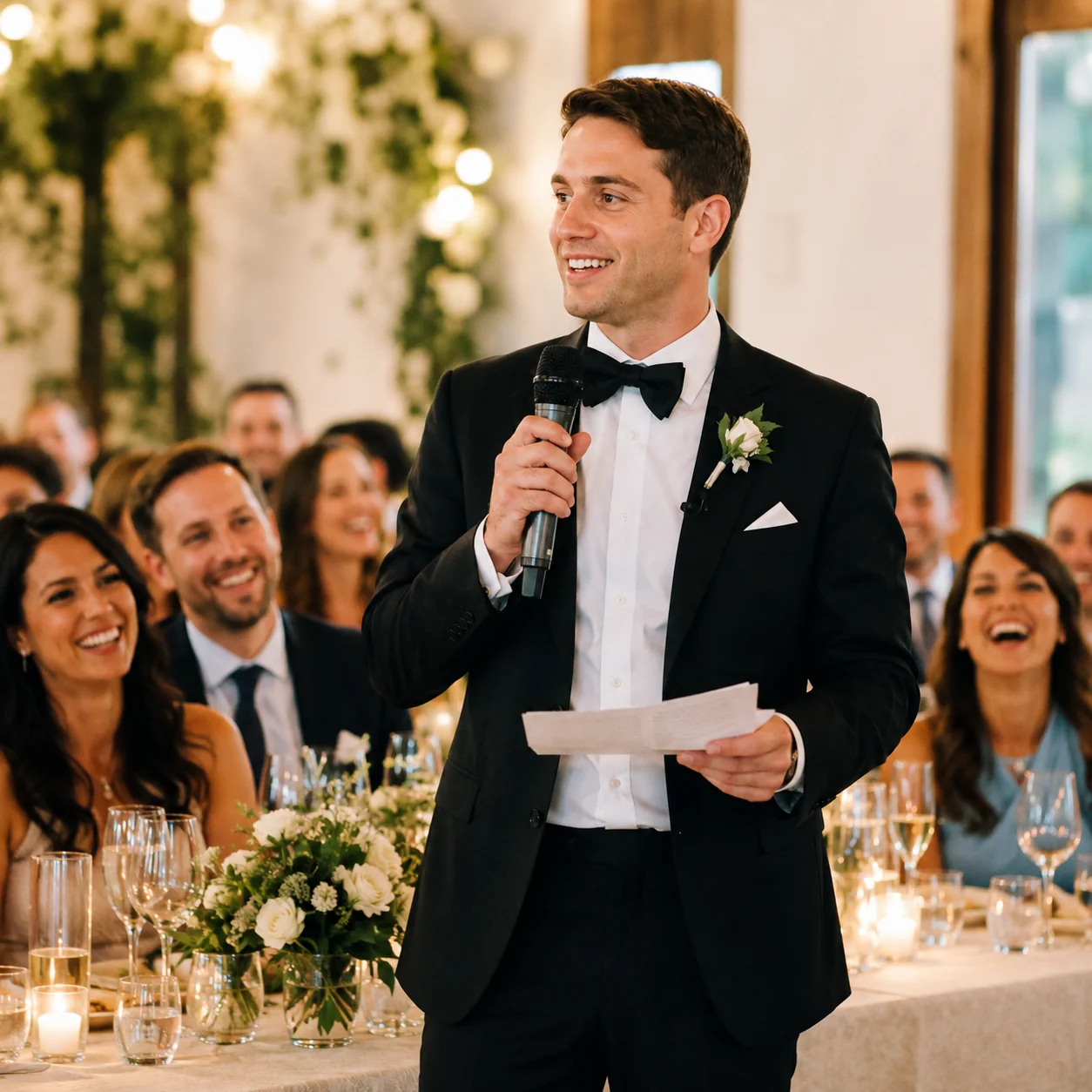 Best man giving a heartfelt wedding speech to smiling guests at a candlelit reception